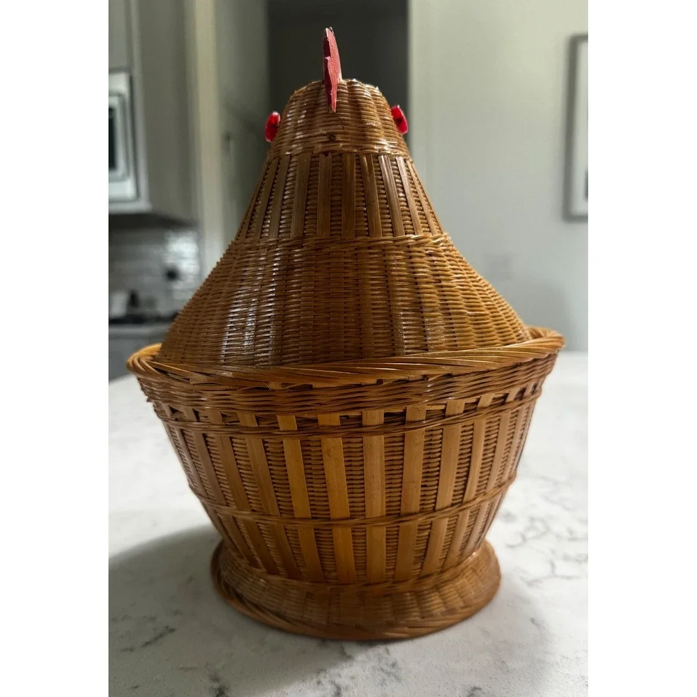 Vintage Hand-Woven Bamboo & Rattan Chicken Basket – As-Is 1960s/70s Folk Art